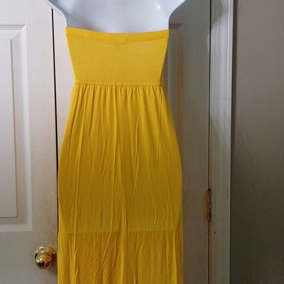 Moa Moa yellow floral hibiscus print strapless summer maxi dress Sz  S  EUC - Picture 6 of 7
